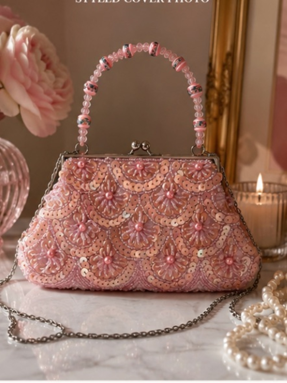 Vintage Pink Beaded Sequin Evening Bag Purse Y2K Mini Handbag Chain Strap
